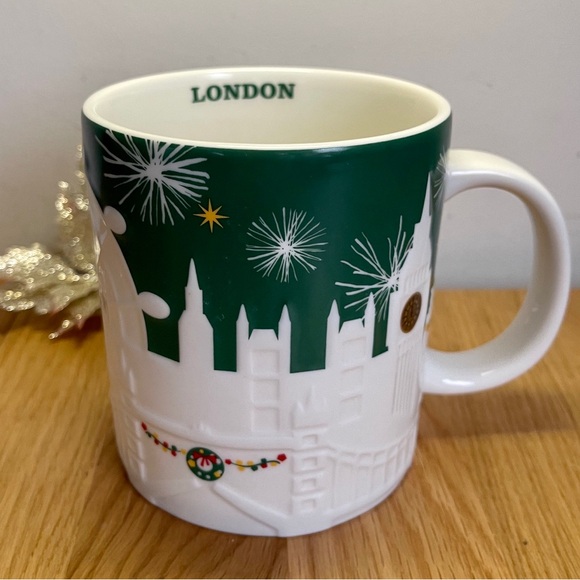 2015 Starbucks London Relief Mug Green W/ White Skyline Christmas Holiday 18oz - Picture 2 of 7